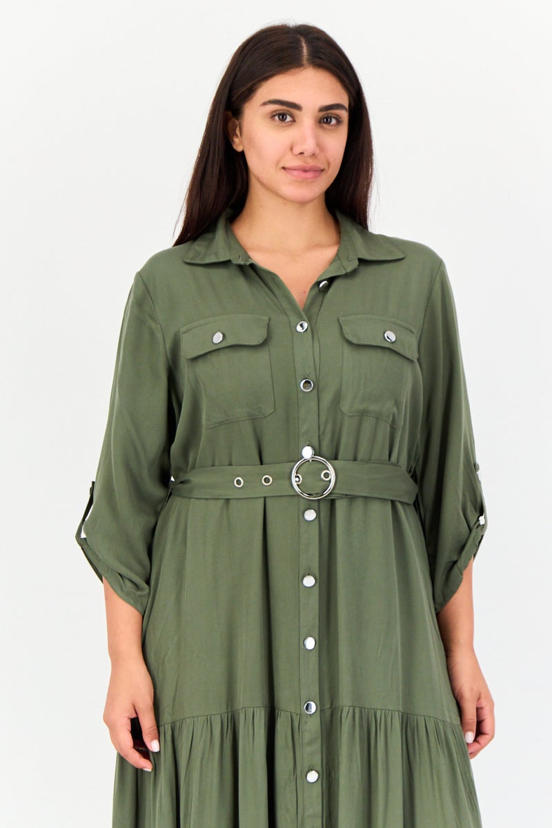 NY Collection فستان قميص سادة بحزام للنساء، أخضر عسكري - Image 3