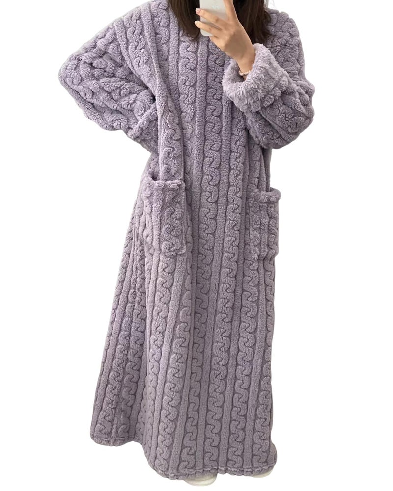 codcm Fleece Nightgown for Women Cozy Plush Long Sleeve Night Gowns Winter Warm Lounge Dress(Purple,Large) - Image 1