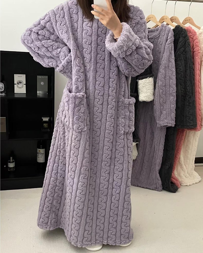 codcm Fleece Nightgown for Women Cozy Plush Long Sleeve Night Gowns Winter Warm Lounge Dress(Purple,Large) - Image 2