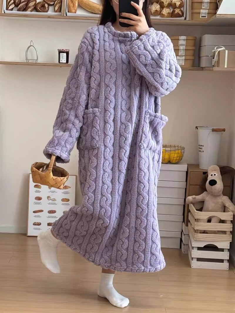 codcm Fleece Nightgown for Women Cozy Plush Long Sleeve Night Gowns Winter Warm Lounge Dress(Purple,Large) - Image 3