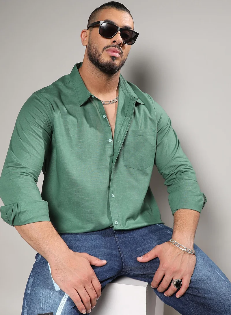 انستافاب بلس Men's Fern Green Basic Button-Up Shirt For Casual Wear | Mandarin Collar | Long Sleeve | Button Closure | Shirt Crafted With Comfort With For Everyday Wear