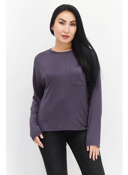 Women Round Neck Long Sleeve Plain Top, Dark Grey