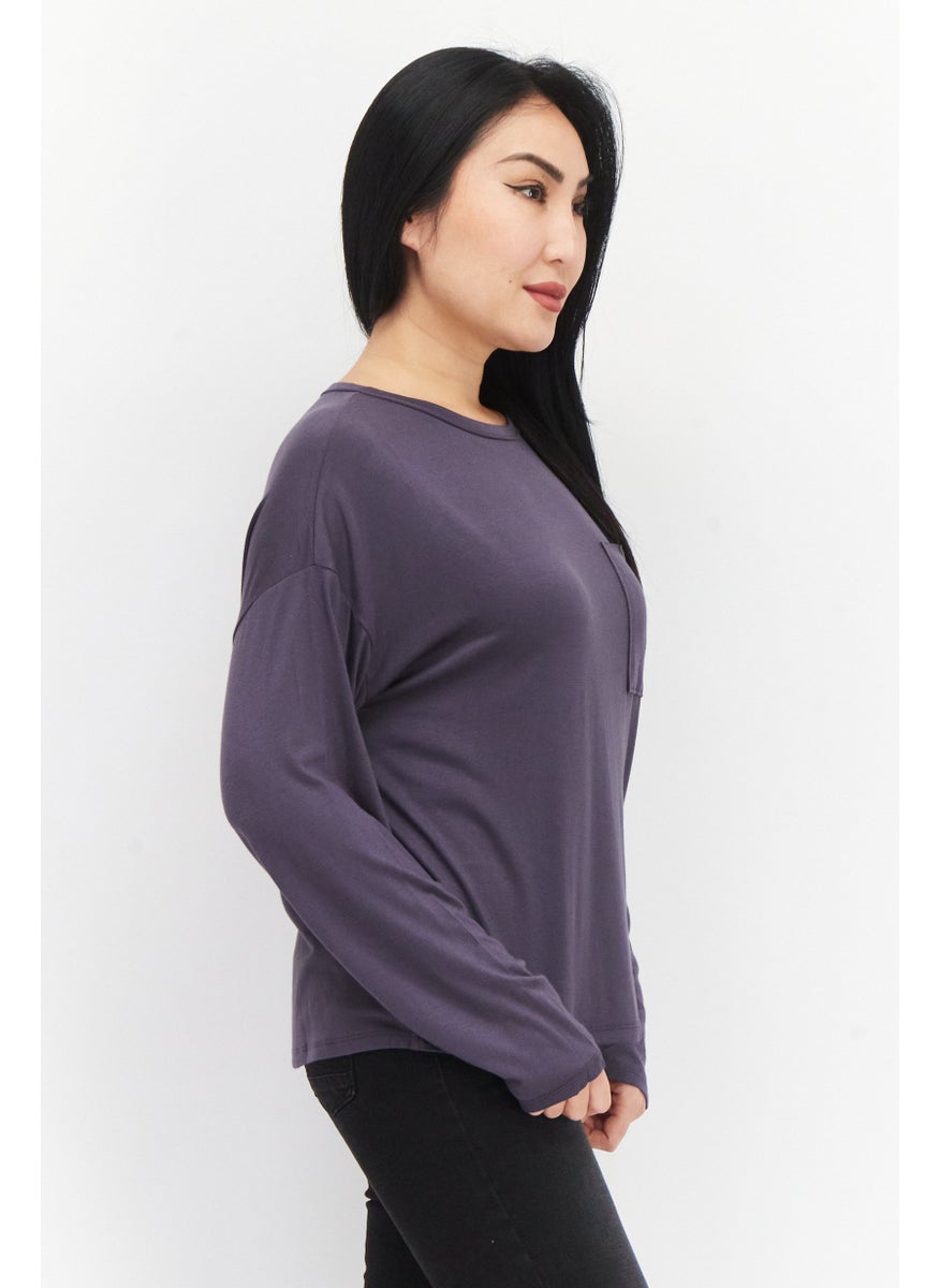 Aqua - Women Round Neck Long Sleeve Plain Top, Dark Grey - Image 1