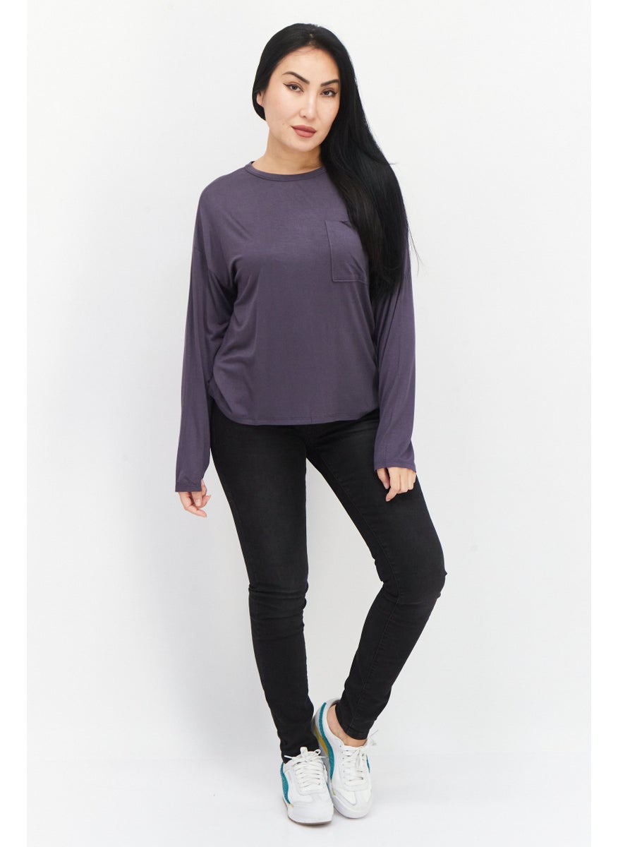 Aqua - Women Round Neck Long Sleeve Plain Top, Dark Grey - Image 1