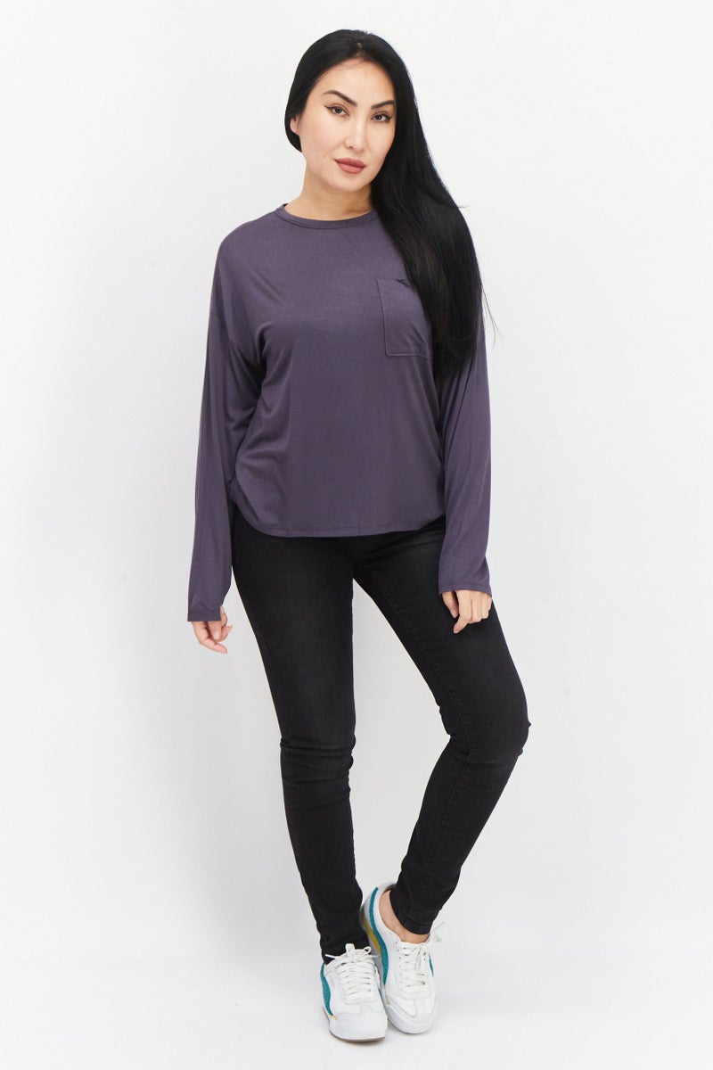 Aqua بلوزة نسائية بأكمام طويلة وياقة دائرية، رمادي داكن - Image 2