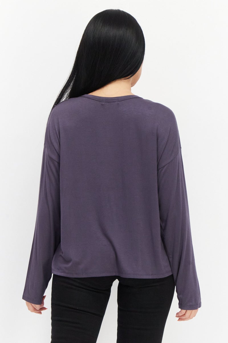 Aqua بلوزة نسائية بأكمام طويلة وياقة دائرية، رمادي داكن - Image 4