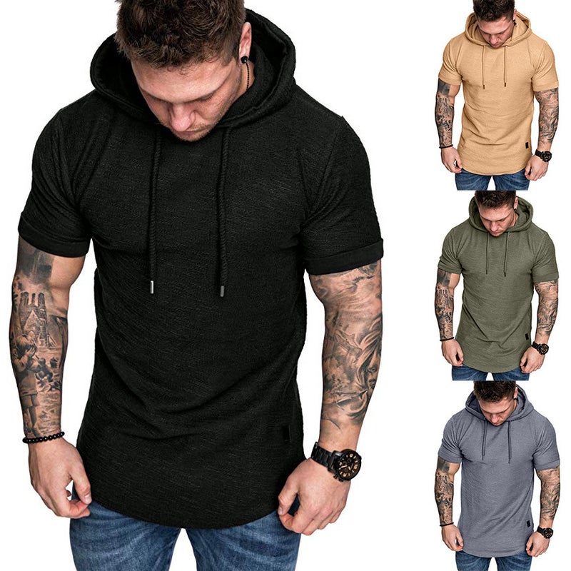 Summer Slim-fit Hooded Short-sleeved Large Size T-shirt Youth Fashion Hooded Sports Top for Men - Image 1
