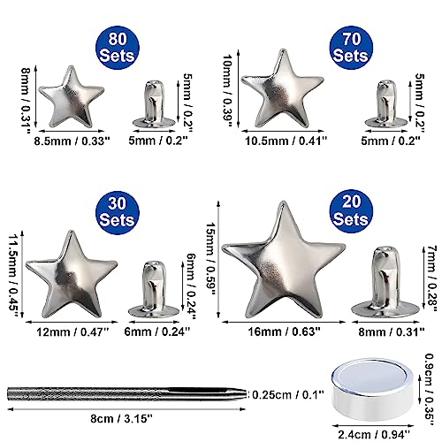 YORANYO 200 Sets Leather Rivets Kit Mixed Sizes Rivets for Leather Star Studs for Clothing Fabric Silver Rivets with Leather Crafting Rivet Tool for Repair Decorate Jackets Shoes Bags Belts Purse - Image 2