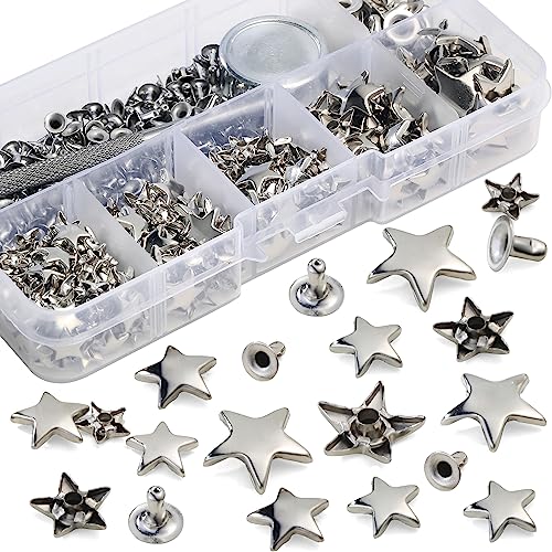 YORANYO 200 Sets Leather Rivets Kit Mixed Sizes Rivets for Leather Star Studs for Clothing Fabric Silver Rivets with Leather Crafting Rivet Tool for Repair Decorate Jackets Shoes Bags Belts Purse - Image 3