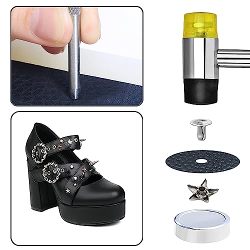 YORANYO 200 Sets Leather Rivets Kit Mixed Sizes Rivets for Leather Star Studs for Clothing Fabric Silver Rivets with Leather Crafting Rivet Tool for Repair Decorate Jackets Shoes Bags Belts Purse - Image 5