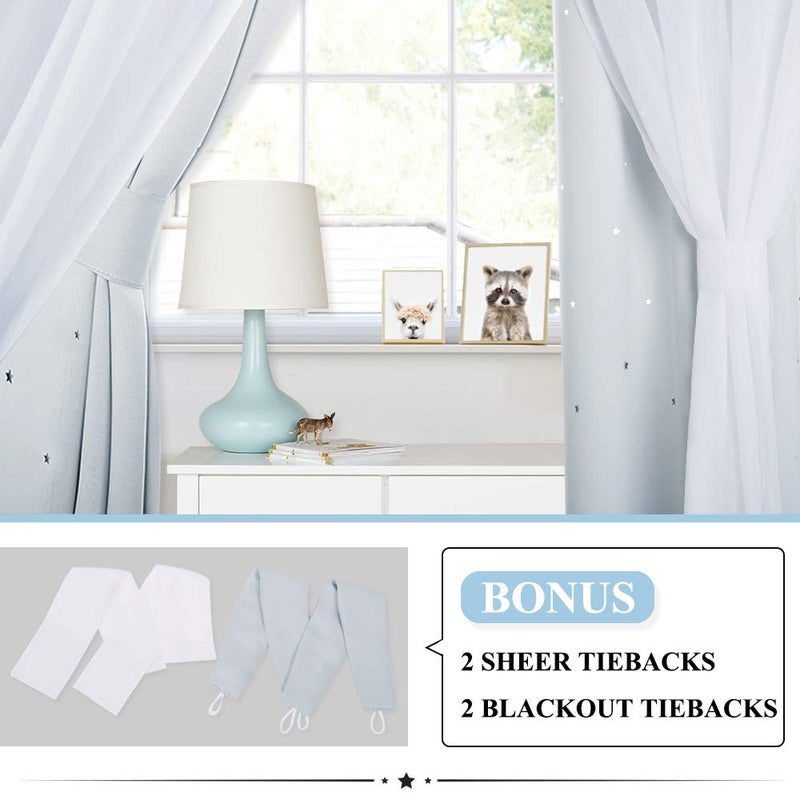 NICETOWN Nursery Bedroom Curtains 63 inch Length, Room Darkening Starry Drapes Overlapped with White Sheer for Kids/Thanksgiving Present (52" Wide, Greyish White, 4 Tie Backs Included) - Image 4