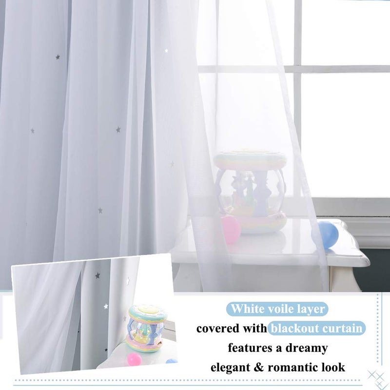 NICETOWN Nursery Bedroom Curtains 63 inch Length, Room Darkening Starry Drapes Overlapped with White Sheer for Kids/Thanksgiving Present (52" Wide, Greyish White, 4 Tie Backs Included) - Image 5