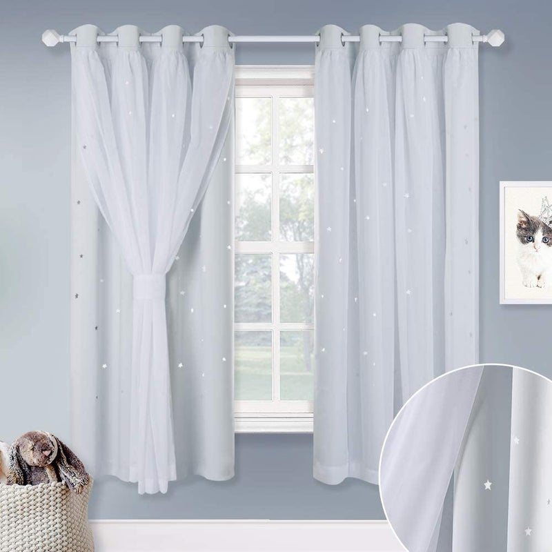 NICETOWN Nursery Bedroom Curtains 63 inch Length, Room Darkening Starry Drapes Overlapped with White Sheer for Kids/Thanksgiving Present (52" Wide, Greyish White, 4 Tie Backs Included) - Image 2