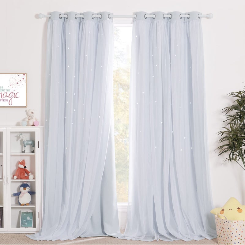 NICETOWN Nursery Bedroom Curtains 63 inch Length, Room Darkening Starry Drapes Overlapped with White Sheer for Kids/Thanksgiving Present (52" Wide, Greyish White, 4 Tie Backs Included) - Image 1