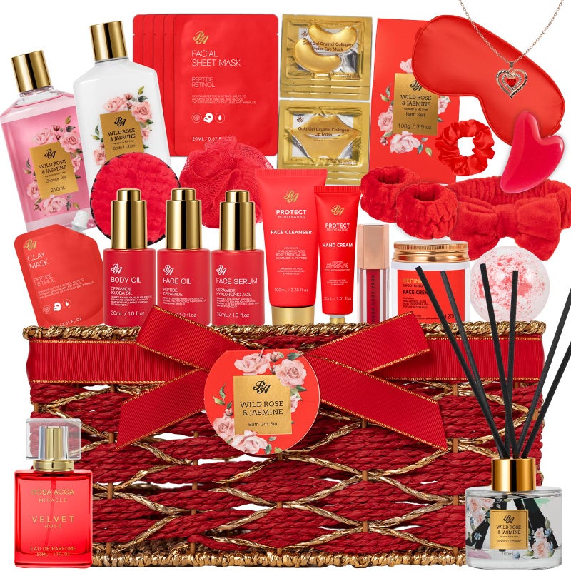 RA ROSA ACCA 35 Pcs Mother's Day Gift, Red Rose Bath and Body Basket Gift for Women, Face Skin Care Kit, Home Spa Self Care Basket, Diffuser, Necklace, Birthday, Christmas, Anniversary, Mom, Wife - Image 1
