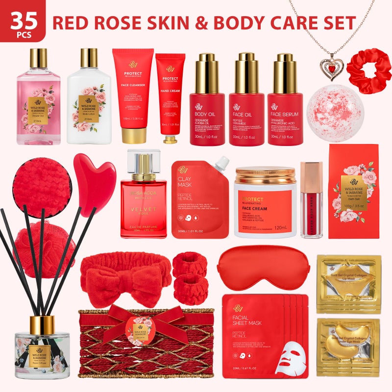 RA ROSA ACCA 35 Pcs Mother's Day Gift, Red Rose Bath and Body Basket Gift for Women, Face Skin Care Kit, Home Spa Self Care Basket, Diffuser, Necklace, Birthday, Christmas, Anniversary, Mom, Wife - Image 2