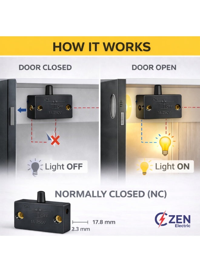 CZEN ELECTRIC Black Cabinet Door Push Button Switch (NC), 1A 250V Normally Closed Inline Switch, Wardrobe & Furniture Light Control, Compact Door Switch (Pack of 4) - Image 3