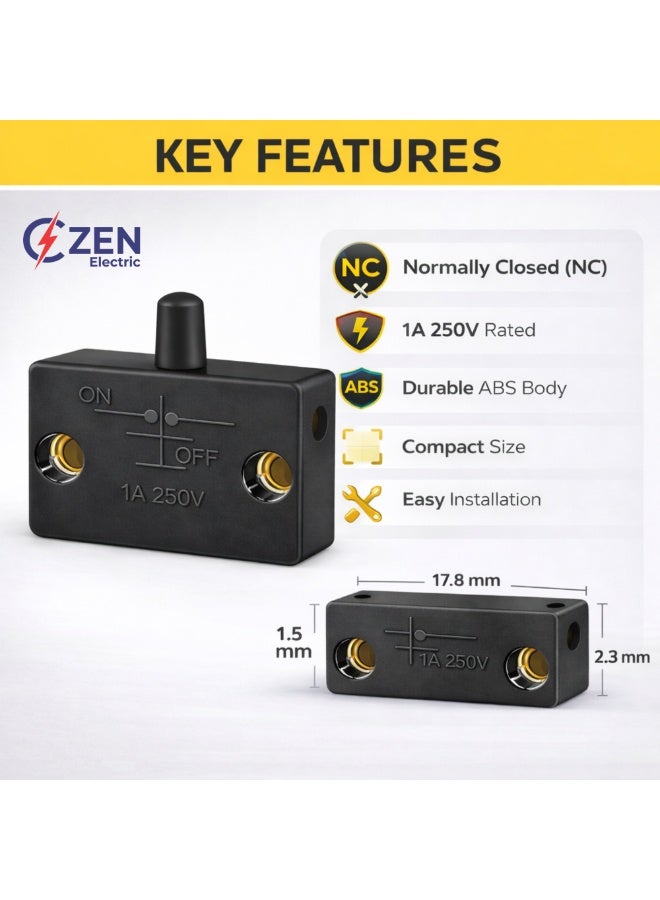 CZEN ELECTRIC Black Cabinet Door Push Button Switch (NC), 1A 250V Normally Closed Inline Switch, Wardrobe & Furniture Light Control, Compact Door Switch (Pack of 4) - Image 2