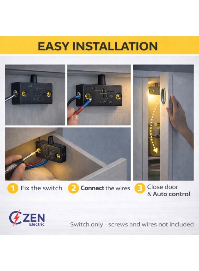 CZEN ELECTRIC Black Cabinet Door Push Button Switch (NC), 1A 250V Normally Closed Inline Switch, Wardrobe & Furniture Light Control, Compact Door Switch (Pack of 4) - Image 5