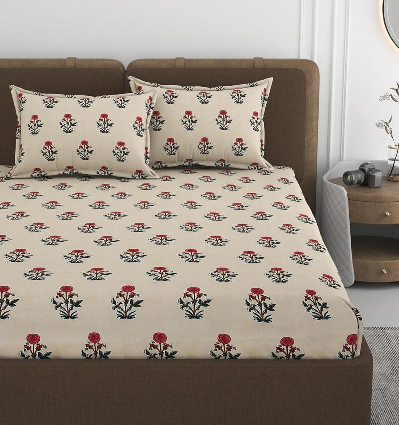 VOMZER 320 TC Cotton Feel All Around Elastic Fitted Bedsheets King Size, Premium Fitted Bedsheets King Size for Double Bed with 2 Pillow Covers, Size- 78” x 72” (Beige) - Image 1