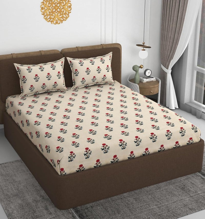 VOMZER 320 TC Cotton Feel All Around Elastic Fitted Bedsheets King Size, Premium Fitted Bedsheets King Size for Double Bed with 2 Pillow Covers, Size- 78” x 72” (Beige) - Image 2