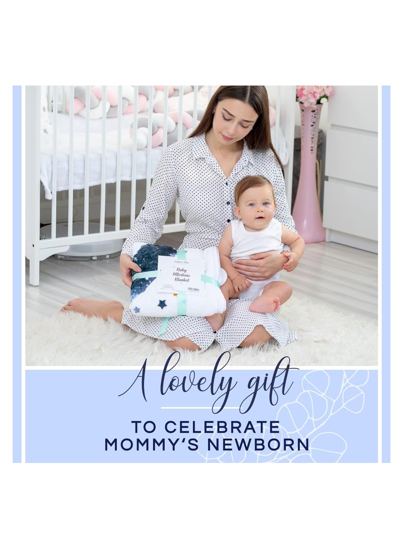 SOLARAE بطانية milestones الشهرية للأطفال - 150 × 100 سم - سجادة شهرية بموضوع القمر الأزرق للأولاد - تقويم نمو السنة الأولى - هدايا استحمام للأمهات الجدد، بطانية شهرية لصور الأطفال - Image 5