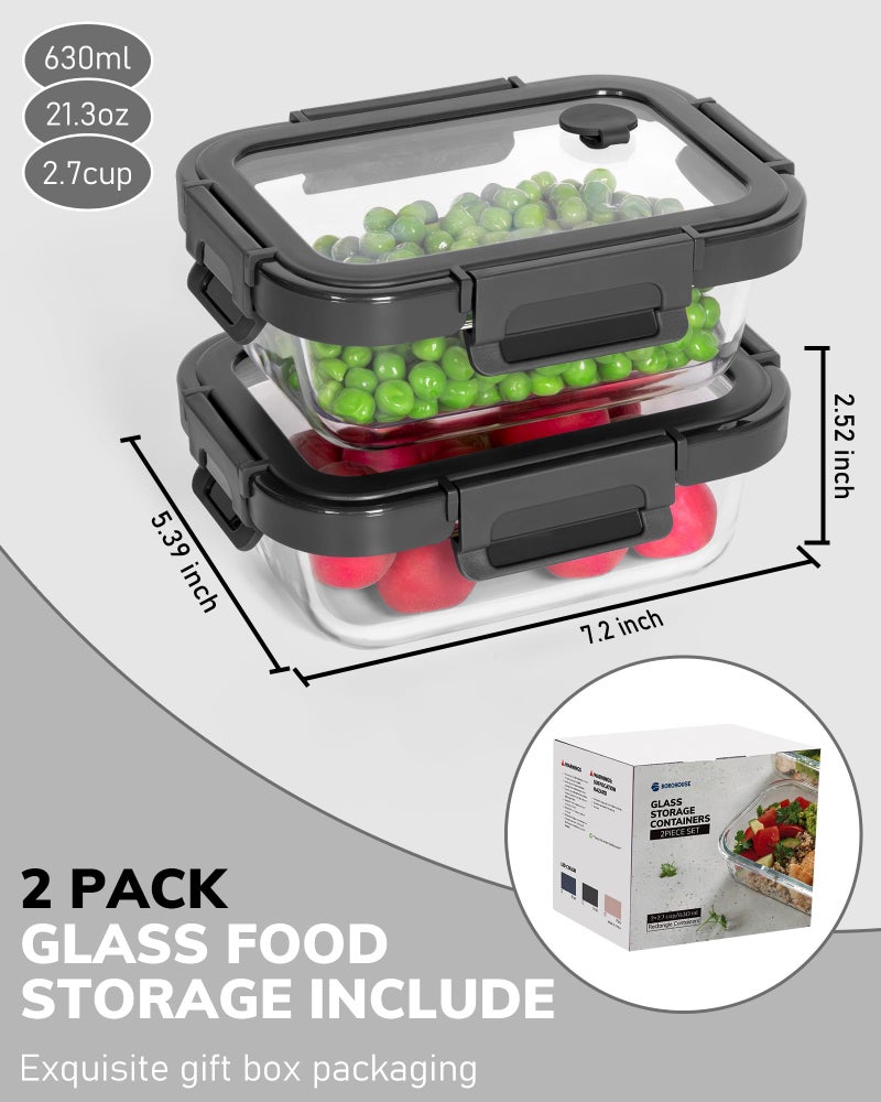 BOROHOUSE 2-Pack Glass Food Storage Containers with Tempered Lids (630ml/2.7cup) - Airtight Snap Lock, Microwave & Oven Safe (-4â„‰~ 950Â°F), Freezer to Baking Dish, BPA-Free, Gift Box (Gray) - Image 2