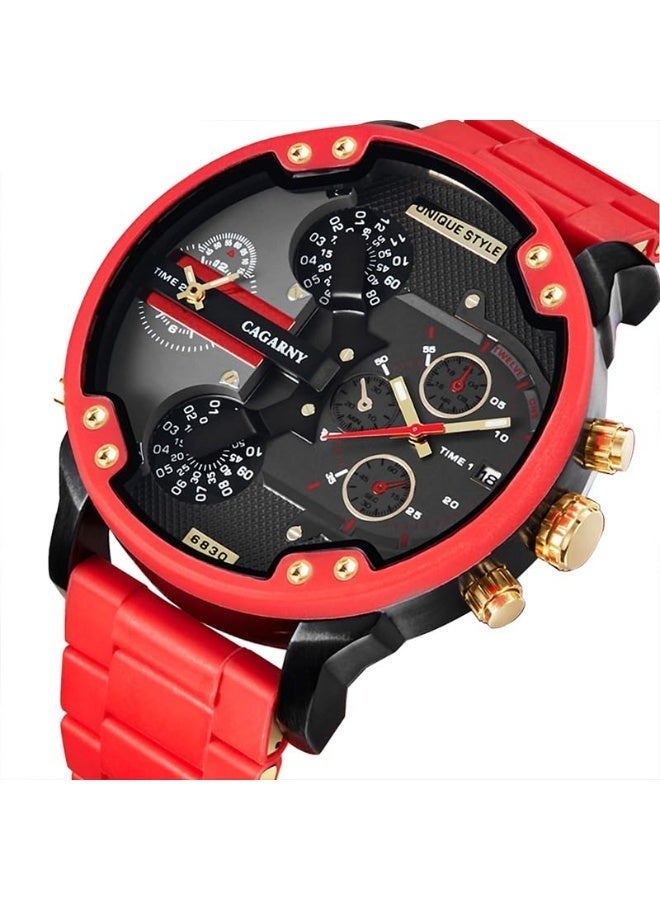 كاجارني ساعة كاجاني الذهبية للرجال ذات المينا الأحمر الكبير والعلامة التجارية الفاخرة وسوار من الفولاذ والكوارتز وساعة يد أوتوماتيكية للرجال مع تاريخ ومنطقة زمنية مزدوجة - Image 1