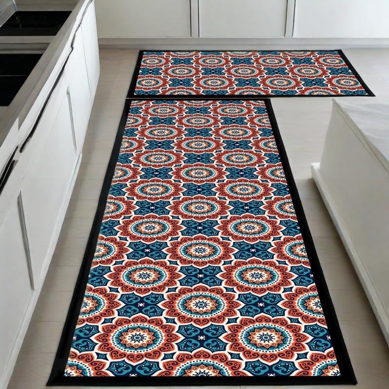 Xlot Kitchen Mats for Floor 2Pcs, Washable Anti Fatigue Mat for Cushioned, 15.7"x23.6"+15.7"x47.2", Waterproof Kitchen Rugs, Non Slip Comfort Standing Mat Rug for Home, Sink, Laundry (Boho series red&blue) - Image 2