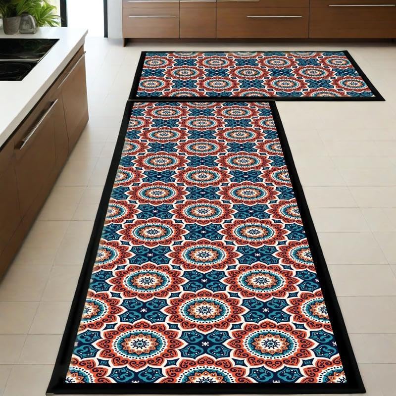Xlot Kitchen Mats for Floor 2Pcs, Washable Anti Fatigue Mat for Cushioned, 15.7"x23.6"+15.7"x47.2", Waterproof Kitchen Rugs, Non Slip Comfort Standing Mat Rug for Home, Sink, Laundry (Boho series red&blue) - Image 3