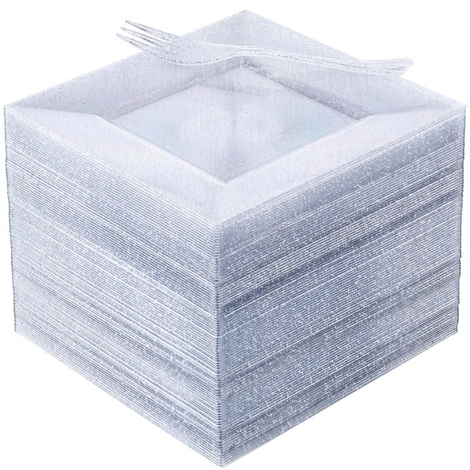 100PCS SILVER DESSERT PLATES INCLUDING 50PCS APPETIZER PLATES 650PCS PLASTIC FORKS 57SILVER GLITTER PLASTIC SQUARE PLATE FOR WEDDINGSILVER SALAD PLATES AND CAKE FORKS FOR BIRTHDAY PARTY