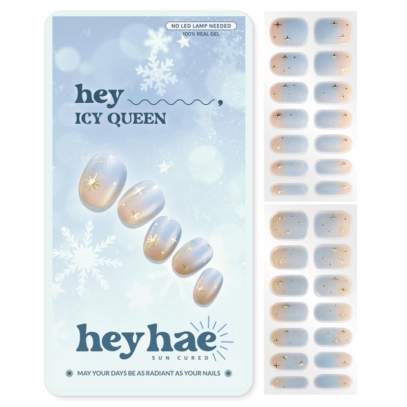 Heyhae Semi Cured Gel Nail Strips | No LED Lamp Needed | Winter, Ombre | Easy Apply & Remove, Salon Quality | Includes 28 Strips, 1 Prep Pads, Nail File & Wooden stick - Hey, Icy Queen - Image 1