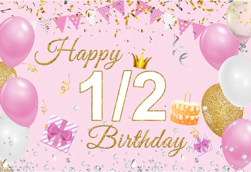 YongFoto YongFoto Happy 12 Birthday Backdrop 5x3ft Balloons Cake Gift Box Pink Photography Background 6 Months Baby Half Bday Party Banner Decor Cake Table Supplies Photoshoot Wallpaper Photo Booth Props  - Image 1