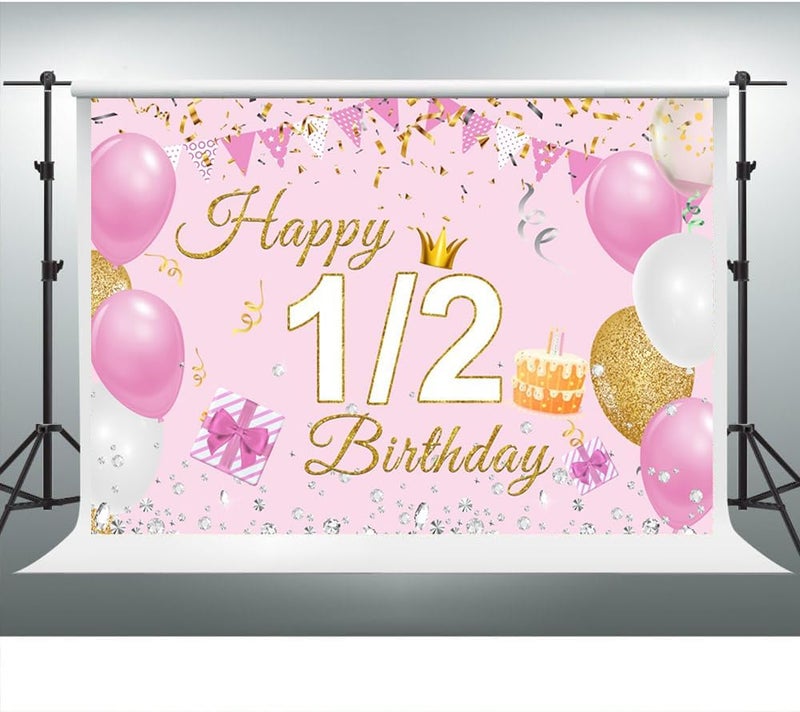 YongFoto YongFoto Happy 12 Birthday Backdrop 5x3ft Balloons Cake Gift Box Pink Photography Background 6 Months Baby Half Bday Party Banner Decor Cake Table Supplies Photoshoot Wallpaper Photo Booth Props  - Image 3