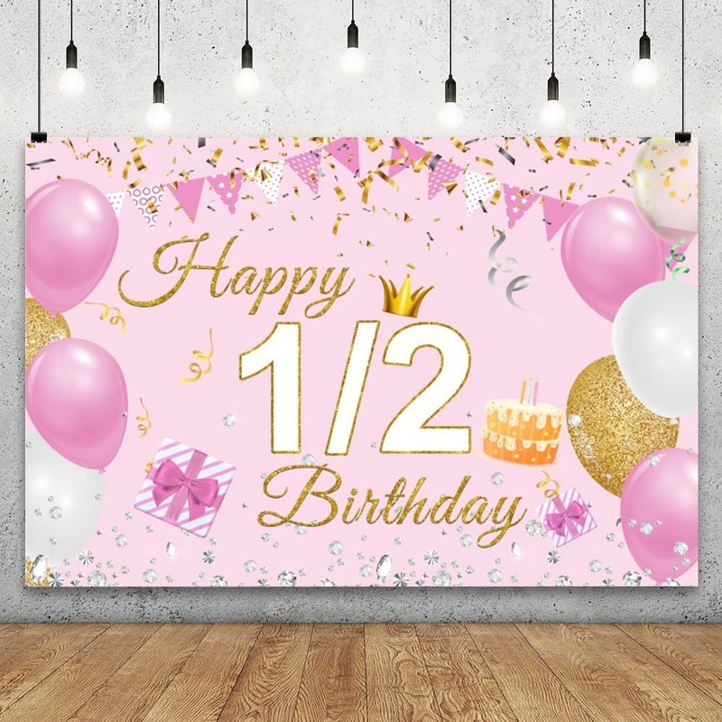 YongFoto YongFoto Happy 12 Birthday Backdrop 5x3ft Balloons Cake Gift Box Pink Photography Background 6 Months Baby Half Bday Party Banner Decor Cake Table Supplies Photoshoot Wallpaper Photo Booth Props  - Image 2