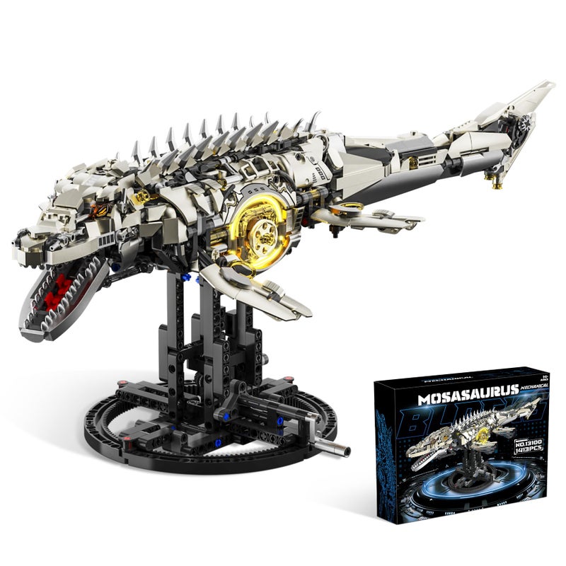 Loyratche Mechanical Mosasaurus Building Set for Adults Dinosaur Building Block Set Compatible with Lego 1413PCS Ocean Animal Collection Toy with Display Stand and Light Home Office Decor Idea Gift - Image 3