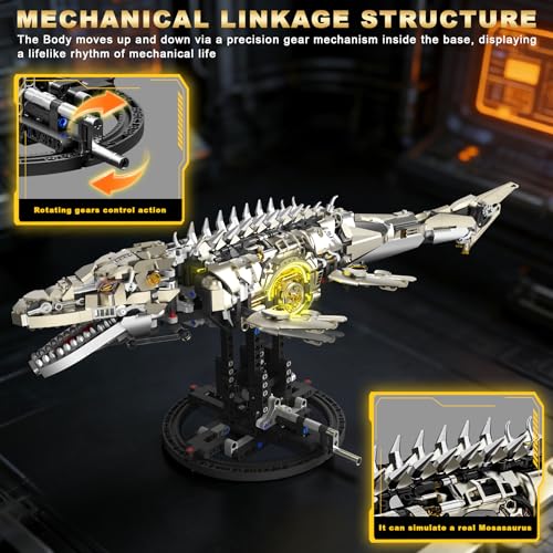 Loyratche Mechanical Mosasaurus Building Set for Adults Dinosaur Building Block Set Compatible with Lego 1413PCS Ocean Animal Collection Toy with Display Stand and Light Home Office Decor Idea Gift - Image 5