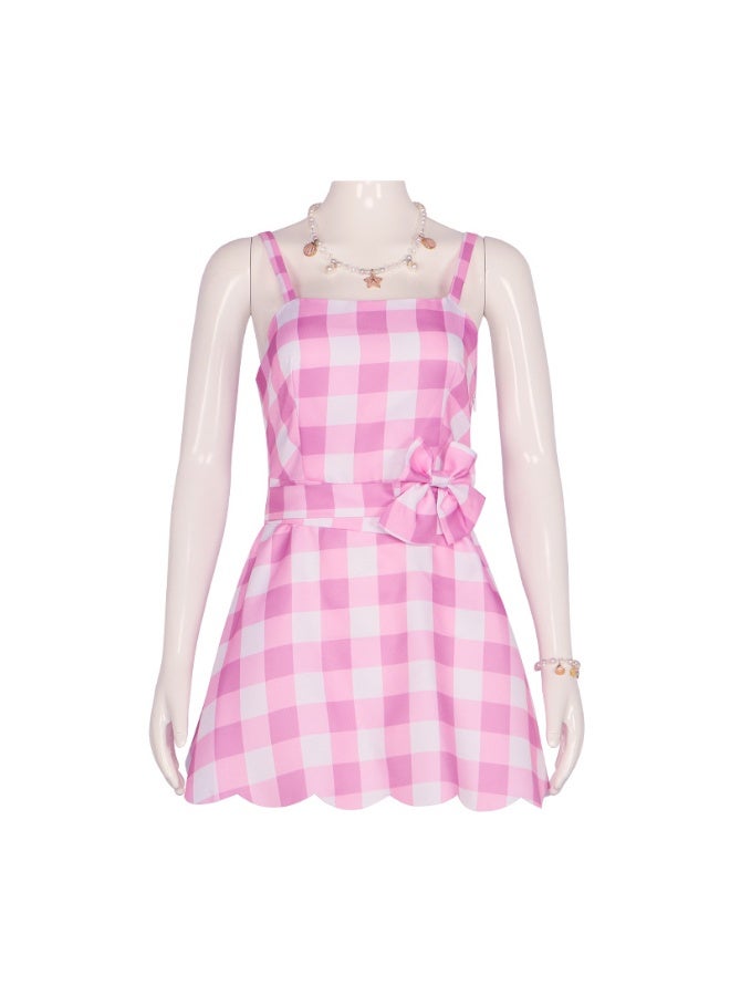 NIBEMINENT Girls Pink Costume Dress Movie Heroine Cosplay Costume Plaid Dress - Image 1