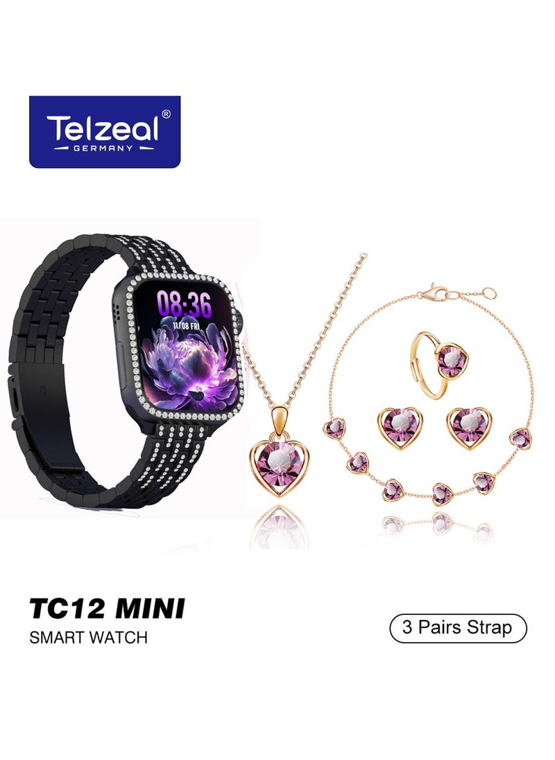 Telzeal Telzeal Germany TC12 Mini 36mm 2.5D Curved Display Smart Watch With 4 Jewellery Accessories 3 Pair Straps and Wireless Charger For Ladies and Girls Black  - Image 1