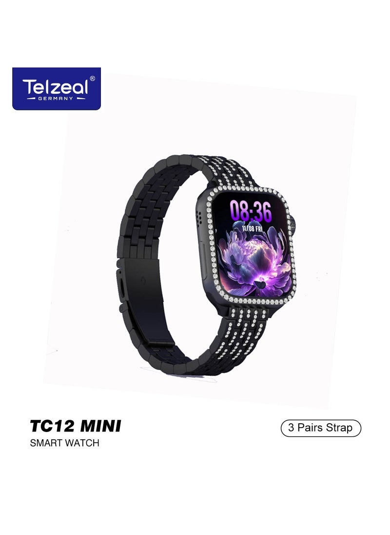 Telzeal Telzeal Germany TC12 Mini 36mm 2.5D Curved Display Smart Watch With 4 Jewellery Accessories 3 Pair Straps and Wireless Charger For Ladies and Girls Black  - Image 2