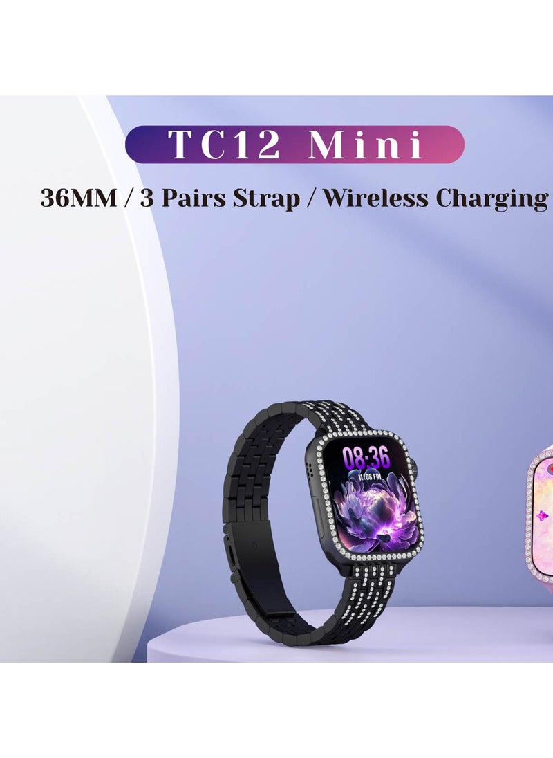 Telzeal Telzeal Germany TC12 Mini 36mm 2.5D Curved Display Smart Watch With 4 Jewellery Accessories 3 Pair Straps and Wireless Charger For Ladies and Girls Black  - Image 3