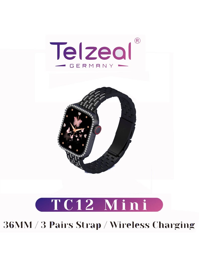 Telzeal Telzeal Germany TC12 Mini 36mm 2.5D Curved Display Smart Watch With 4 Jewellery Accessories 3 Pair Straps and Wireless Charger For Ladies and Girls Black  - Image 4
