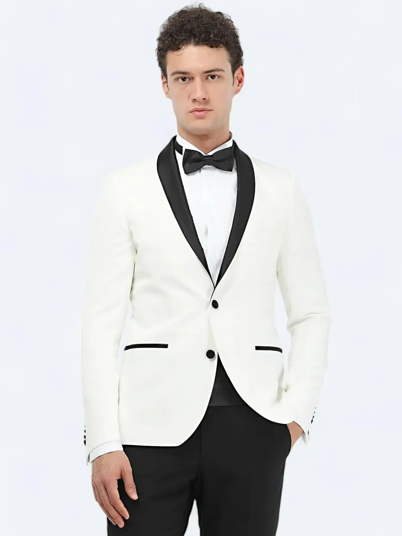 Kip Ecru Plain Slim Fit Shawl Collar Weaving Tuxedo