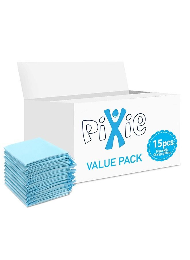 Pixie Disposable Changing Mats, 15 Counts, Soft Waterproof Mat, Portable Leak Proof Changing Mat, New Mom Leak-Proof Under pad, Mattress Table Protector Pad