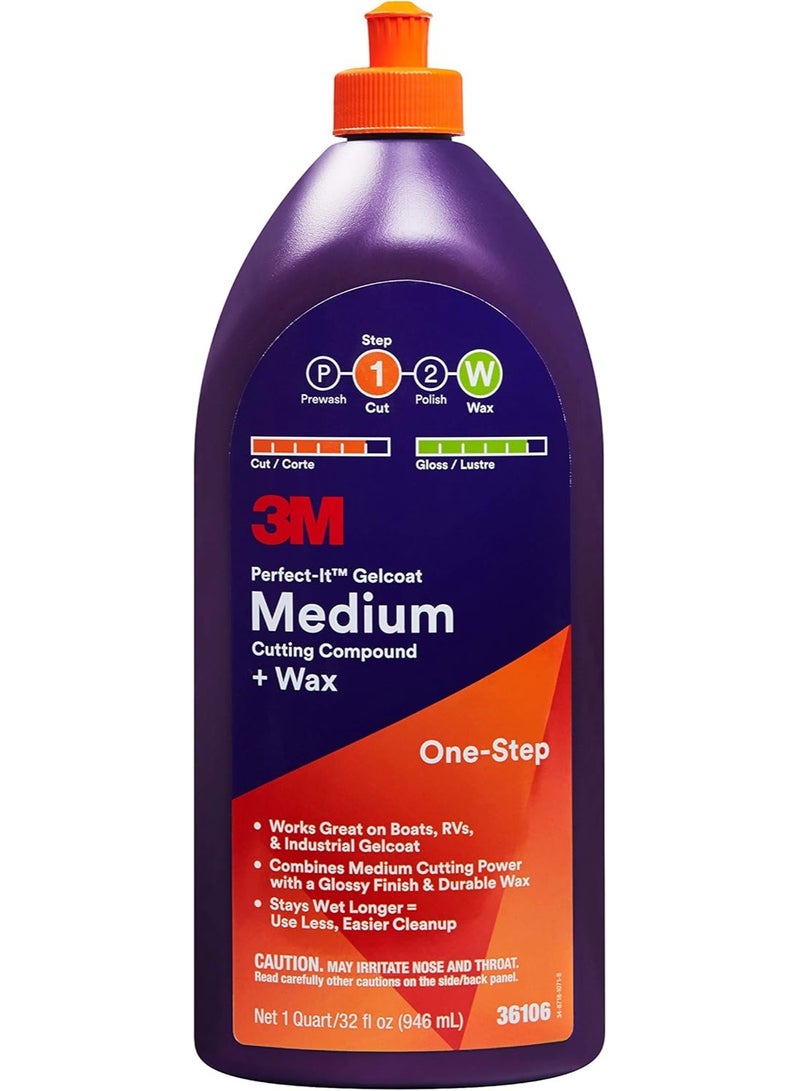 3M Perfect-It Gelcoat Medium Cutting Compound + Wax, 36106, 1 Quart, One-Step Process, P1500 and Finer Scratches, Fiberglass Oxidation Remover for Boats and RVs - Image 1