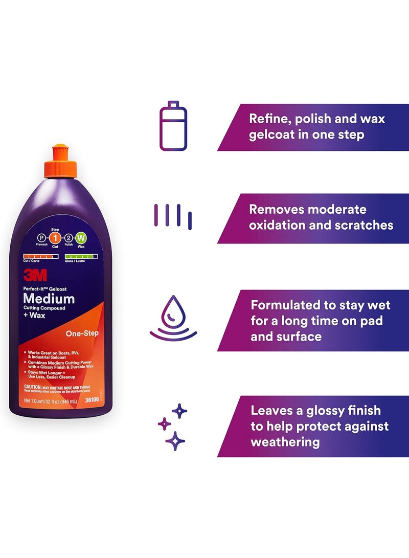 3M Perfect-It Gelcoat Medium Cutting Compound + Wax, 36106, 1 Quart, One-Step Process, P1500 and Finer Scratches, Fiberglass Oxidation Remover for Boats and RVs - Image 2