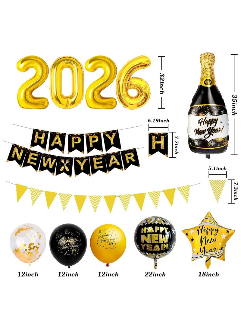 عام زينة رأس السنة 2026 باللونين الذهبي والأسود - بالونات رأس السنة، لافتة "سنة جديدة سعيدة"، كرة ديسكو 4D، بالونات رقائقية، مسدس فرقعة منفوخ، ديكورات العام الجديد - Image 4