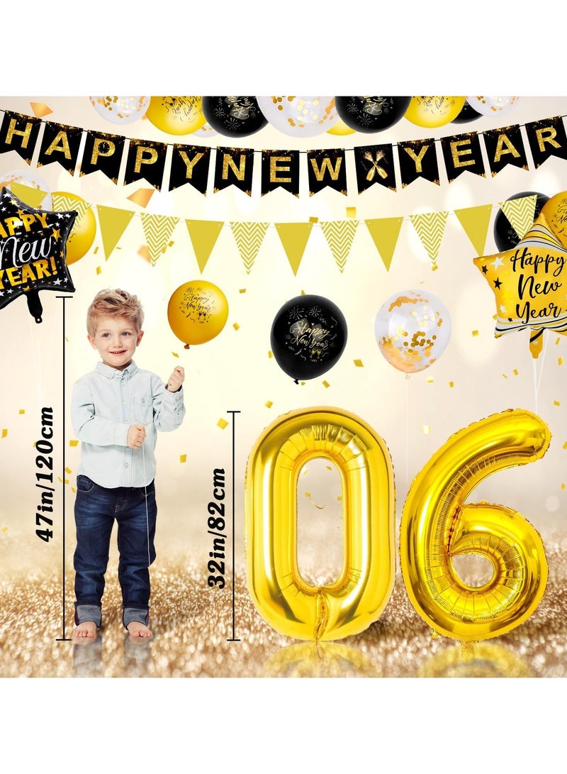 عام زينة رأس السنة 2026 باللونين الذهبي والأسود - بالونات رأس السنة، لافتة "سنة جديدة سعيدة"، كرة ديسكو 4D، بالونات رقائقية، مسدس فرقعة منفوخ، ديكورات العام الجديد - Image 3