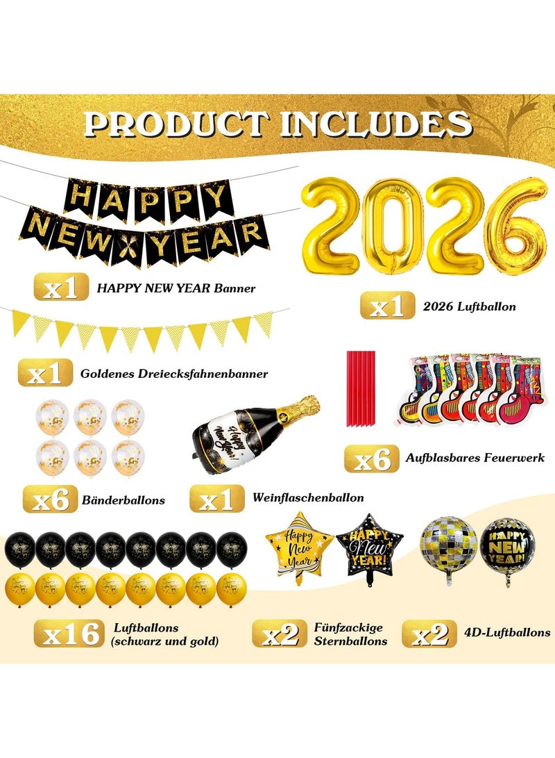عام زينة رأس السنة 2026 باللونين الذهبي والأسود - بالونات رأس السنة، لافتة "سنة جديدة سعيدة"، كرة ديسكو 4D، بالونات رقائقية، مسدس فرقعة منفوخ، ديكورات العام الجديد - Image 2