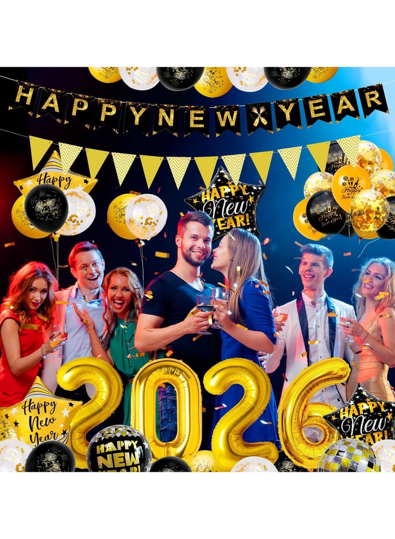 عام زينة رأس السنة 2026 باللونين الذهبي والأسود - بالونات رأس السنة، لافتة "سنة جديدة سعيدة"، كرة ديسكو 4D، بالونات رقائقية، مسدس فرقعة منفوخ، ديكورات العام الجديد - Image 5